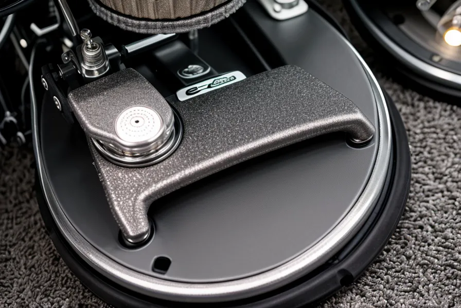 Nahaufnahme eines E-Drum Kick-Pedals auf einem Teppichboden zur Schalldämmung